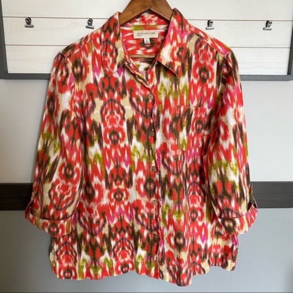 JONES NEW YORK SPORT button down shirt 3/4 sleeve collar neck watercolor - Picture 4 of 14